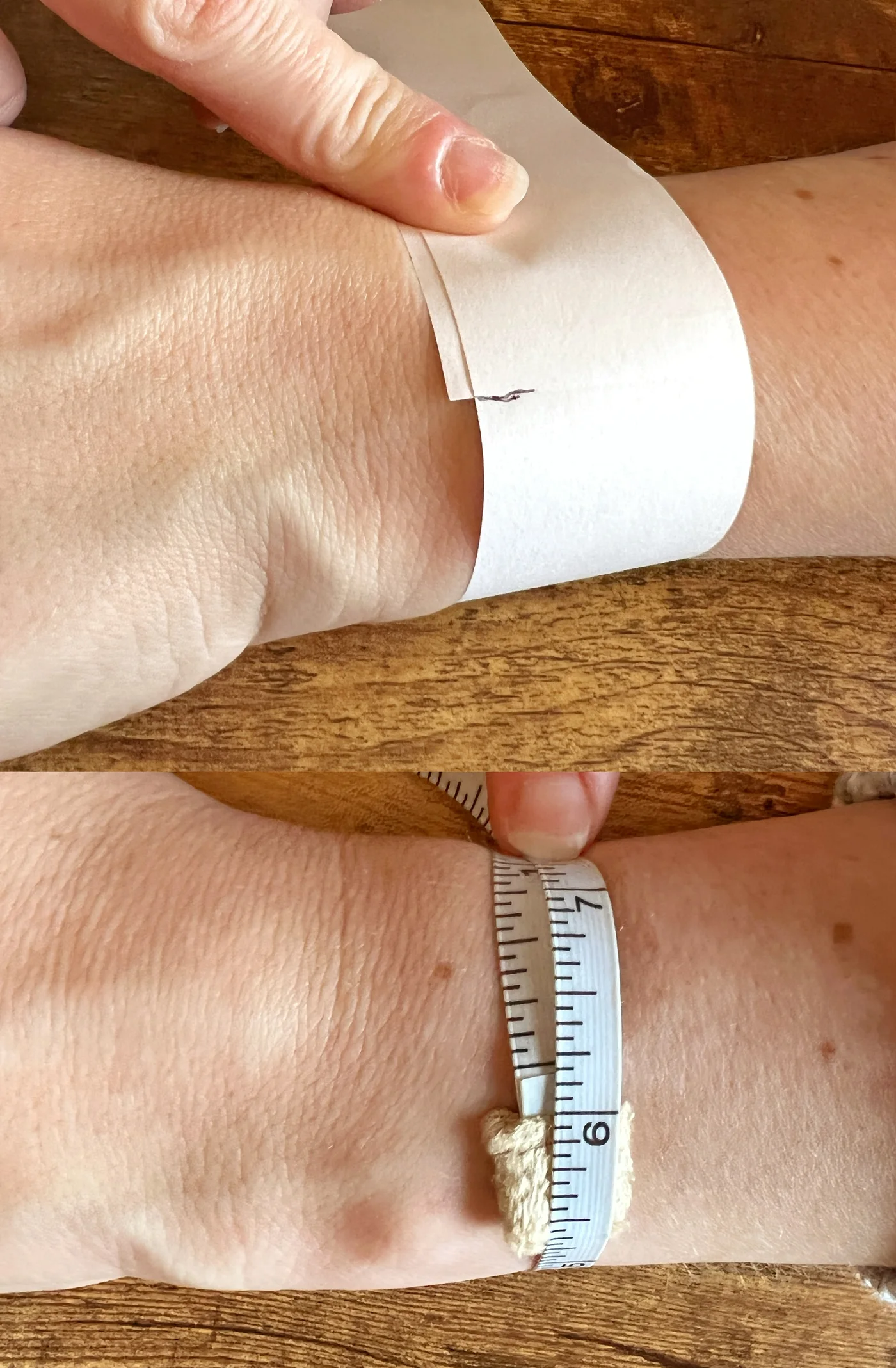 Measuring a wrist with paper and a flexible tape, aligned snugly around the wrist