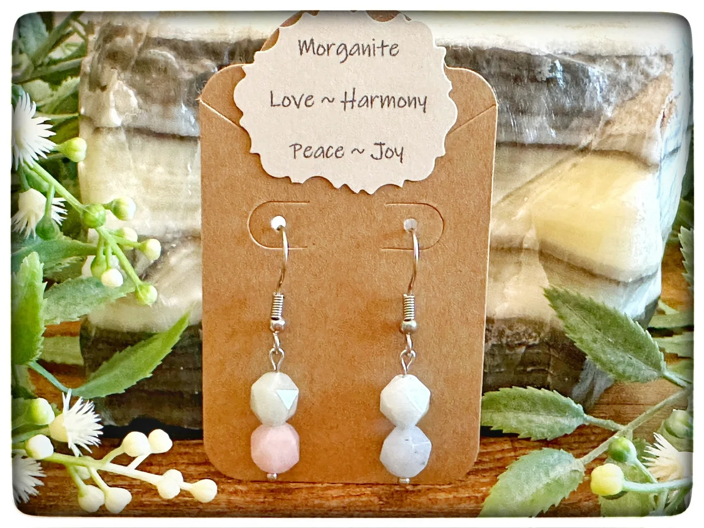 Pale morganite bead earrings on their original labeled display card