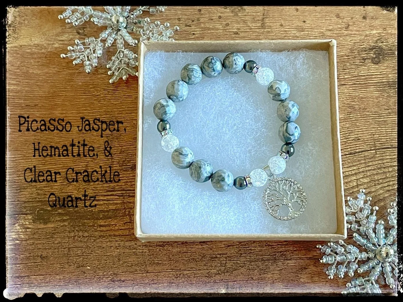 Picasso jasper, hematite, and clear crackle quartz bracelet